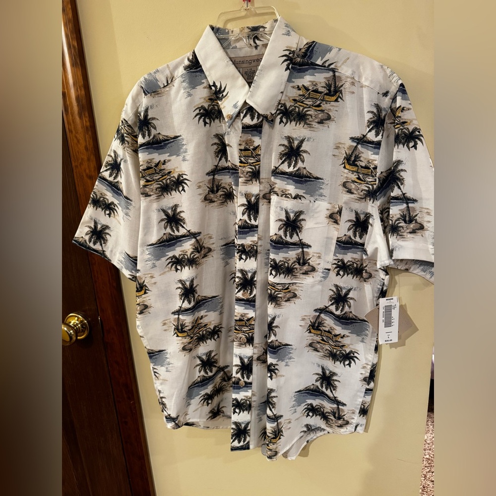 Men's Tropical Button-Down Shirt - White with Black & Tan Print